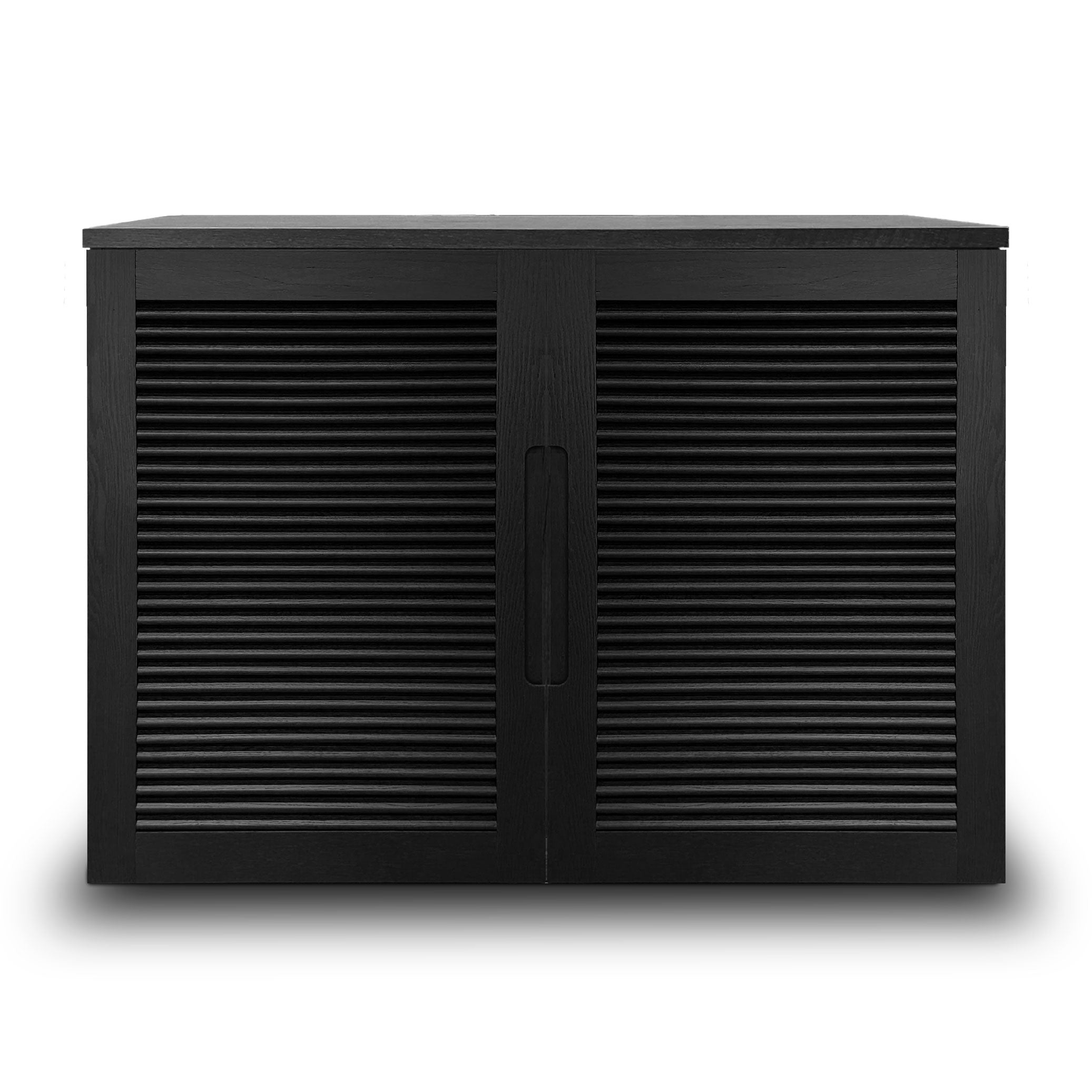 Vue de face de la console en bois Humble Nature Cabinet fini onyx | porte persienne, dotée de deux portes persiennes et d&