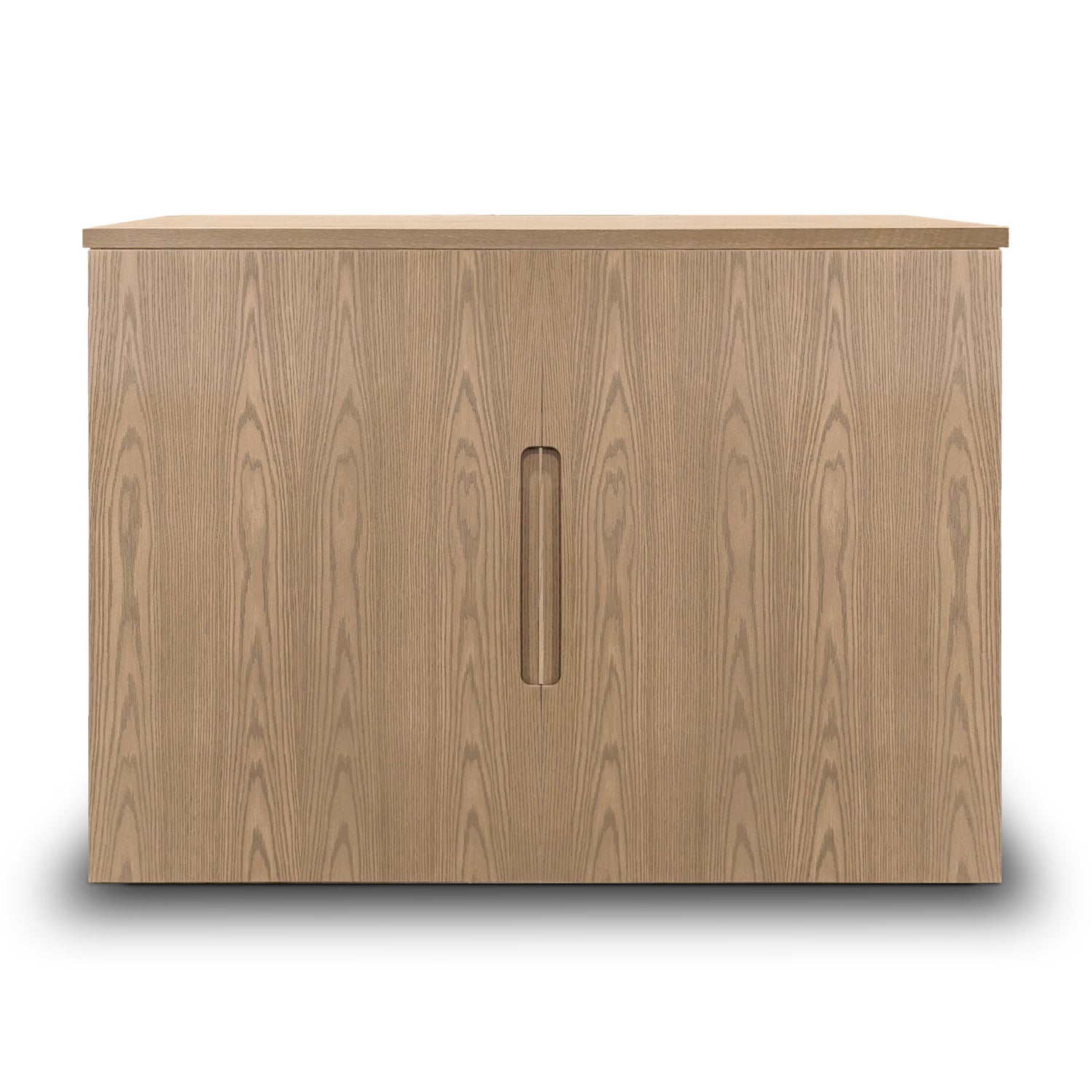 La console Cabinet fini authentik | porte pleine de Humble Nature respire le prestige haut de gamme avec sa finition en chêne clair, dotée de deux portes à panneaux sans couture avec poignées verticales encastrées et dun grain aligné verticalement qui ajoute une texture naturelle, projetant une ombre douce sur un fond blanc.