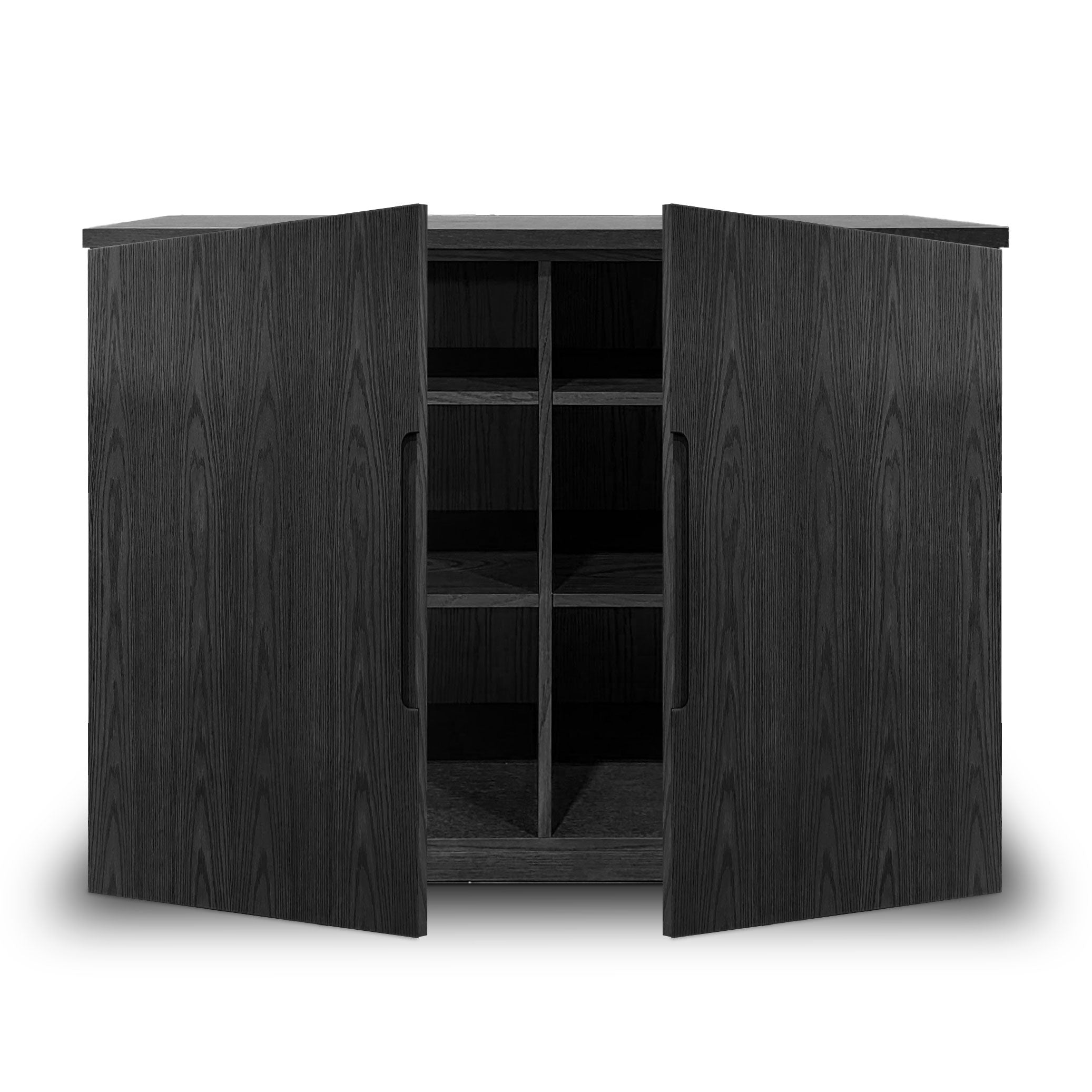 La console armoire en bois fini onyx | porte pleine de Humble Nature présente un design moderne en bois foncé avec des portes ouvertes révélant plusieurs étagères. Fabriquée en placage de chêne rouge, elle incarne un style épuré et minimaliste parfait pour toute collection raffinée sur fond neutre.