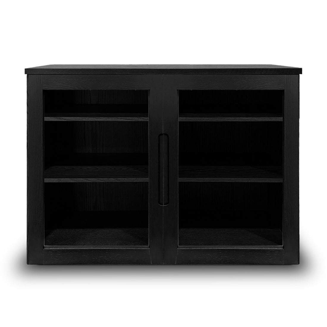 Une armoire en bois noir de Humble Nature, dotée de deux portes vitrées et de deux étagères intérieures, est présentée sur un fond blanc. Connue sous le nom de Cabinet console fini onyx | porte verre, cette pièce haut de gamme incarne lélégance moderne idéale pour les amateurs de luxe.