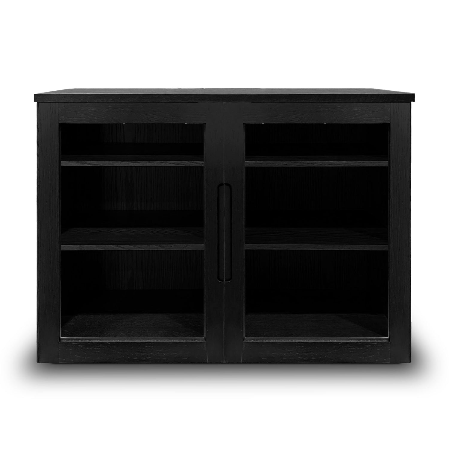 Une armoire en bois noir de Humble Nature, dotée de deux portes vitrées et de deux étagères intérieures, est présentée sur un fond blanc. Connue sous le nom de Cabinet console fini onyx | porte verre, cette pièce haut de gamme incarne lélégance moderne idéale pour les amateurs de luxe.