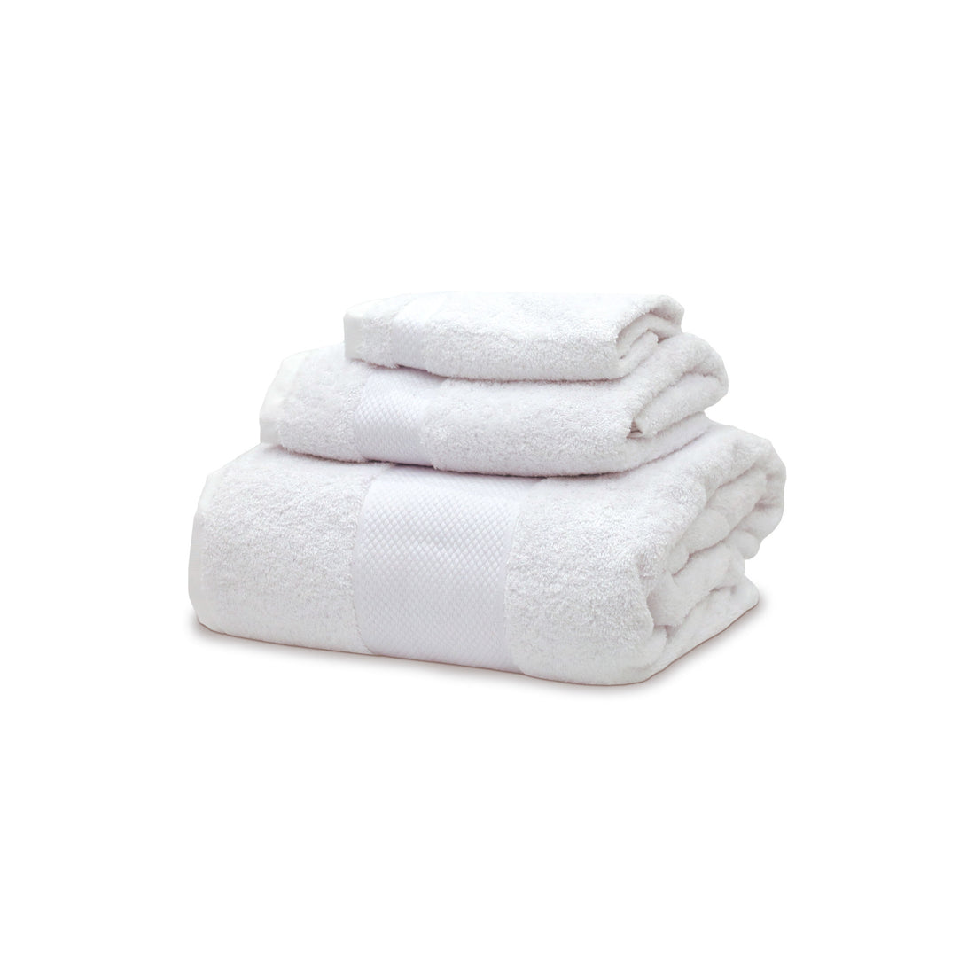 Ensemble de linge de bain blanc en coton éponge italien 650 g/m², soigneusement empilé. Comprend un drap de bain, une serviette à main et une lingette, offrant douceur et chaleur luxueuses avec des finitions impeccables. Fabriqué en Italie.