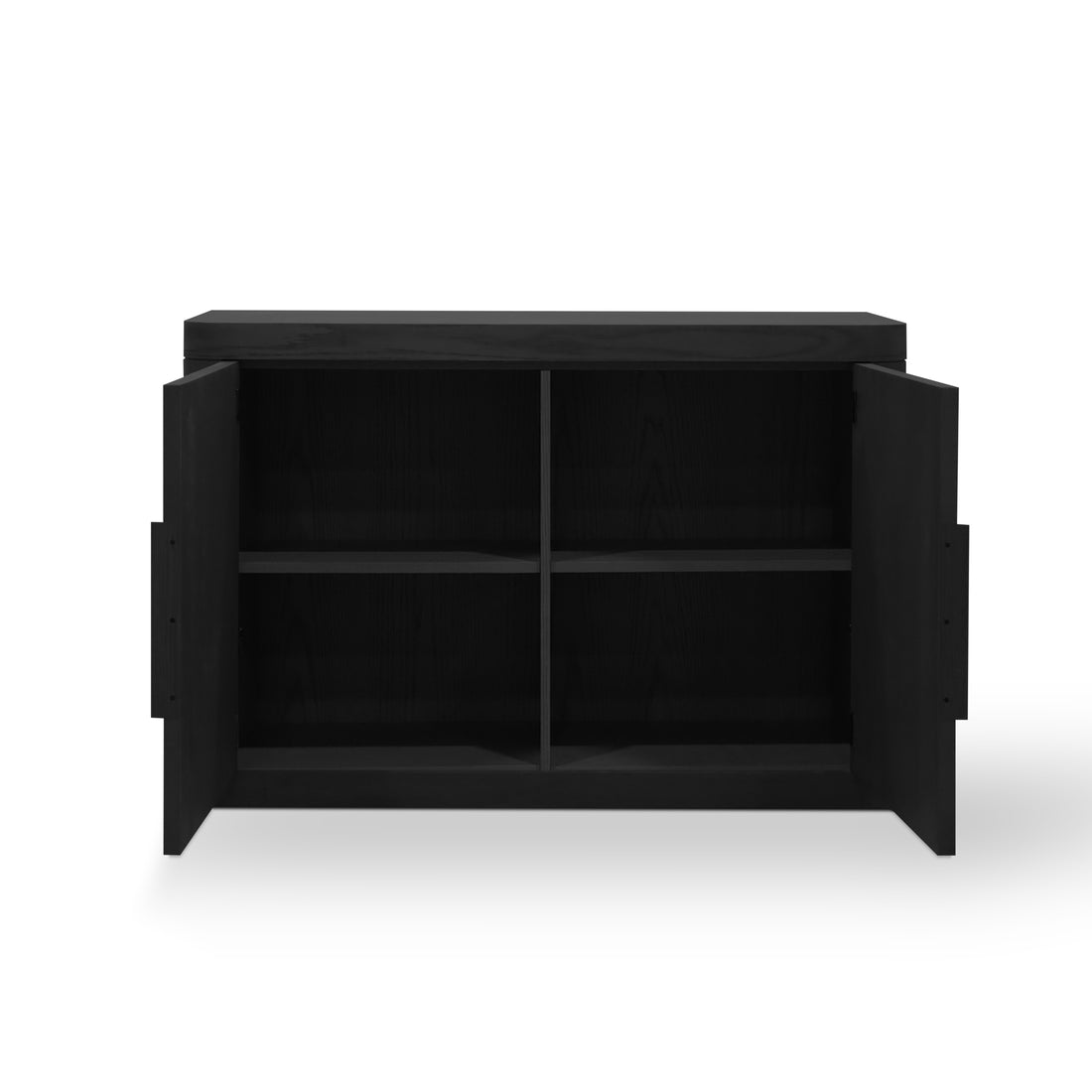 Larmoire console Origin | ONYX de Humble Nature est une armoire en bois noir dotée dune façade ouverte avec deux étagères divisées en quatre compartiments. Alliant design minimaliste et moderne, elle offre style et fonctionnalité, tandis que ses portes latérales souvrent pour un accès facile.