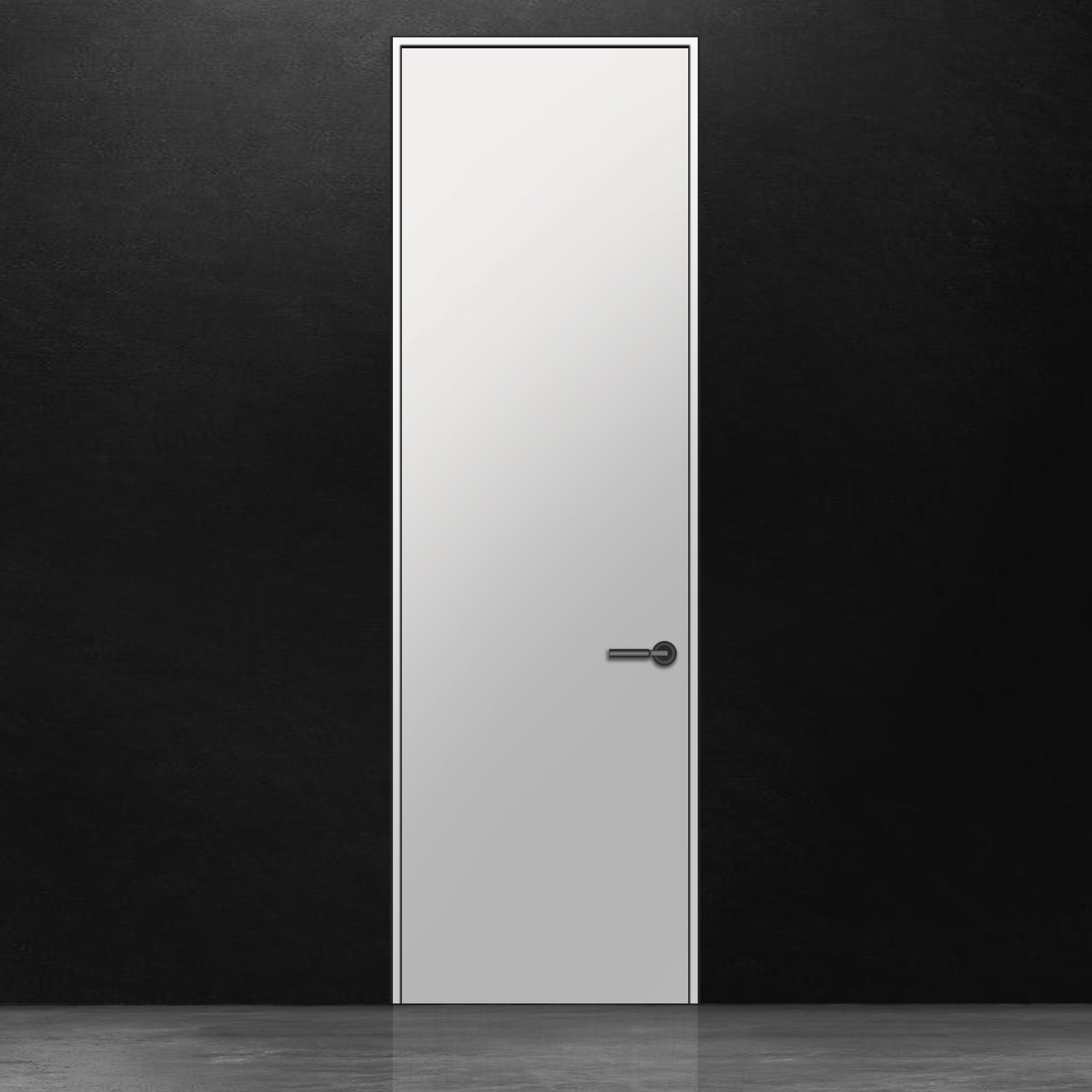 Une porte battante en MDF de Humble Nature se dresse contre un mur noir. Le sol est uniformément éclairé, créant une surface réfléchissante. Le motif ajoute une texture subtile à son design minimaliste, alliant élégance classique et touches de modernisme