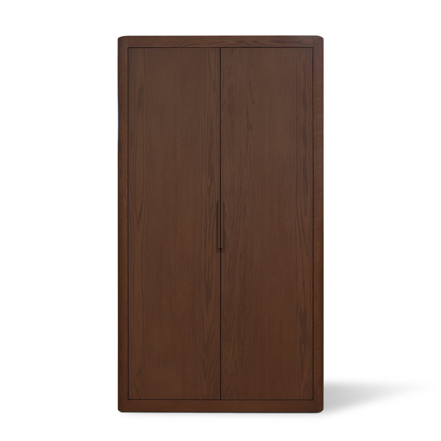 Une armoire haute et rectangulaire en bois de Humble Nature nommée Cabinet double Origin | PECAN a une finition marron foncé et deux portes fermées. Son design simple et minimaliste présente des surfaces lisses et des motifs subtils de grain de bois, capturant lessence des armoires fabriquées en chêne rouge massif.