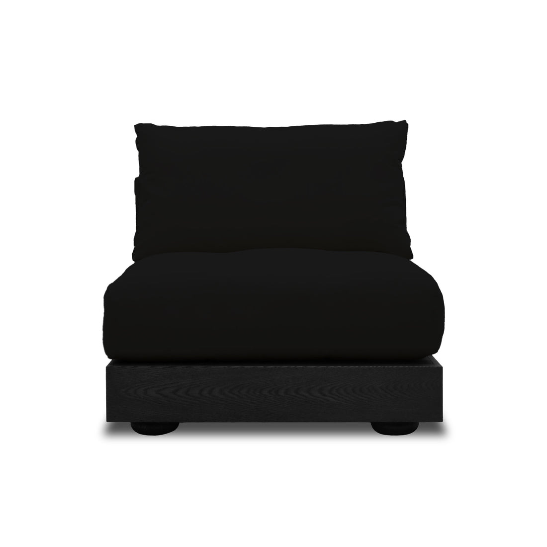 Le canapé Onyx Simple Essence de Humble Nature est doté dun coussin de dossier moelleux et dun siège profond sur une base en bois foncé avec des pieds ronds, incarnant les principes de design de luxe dans le confort et le style minimaliste.