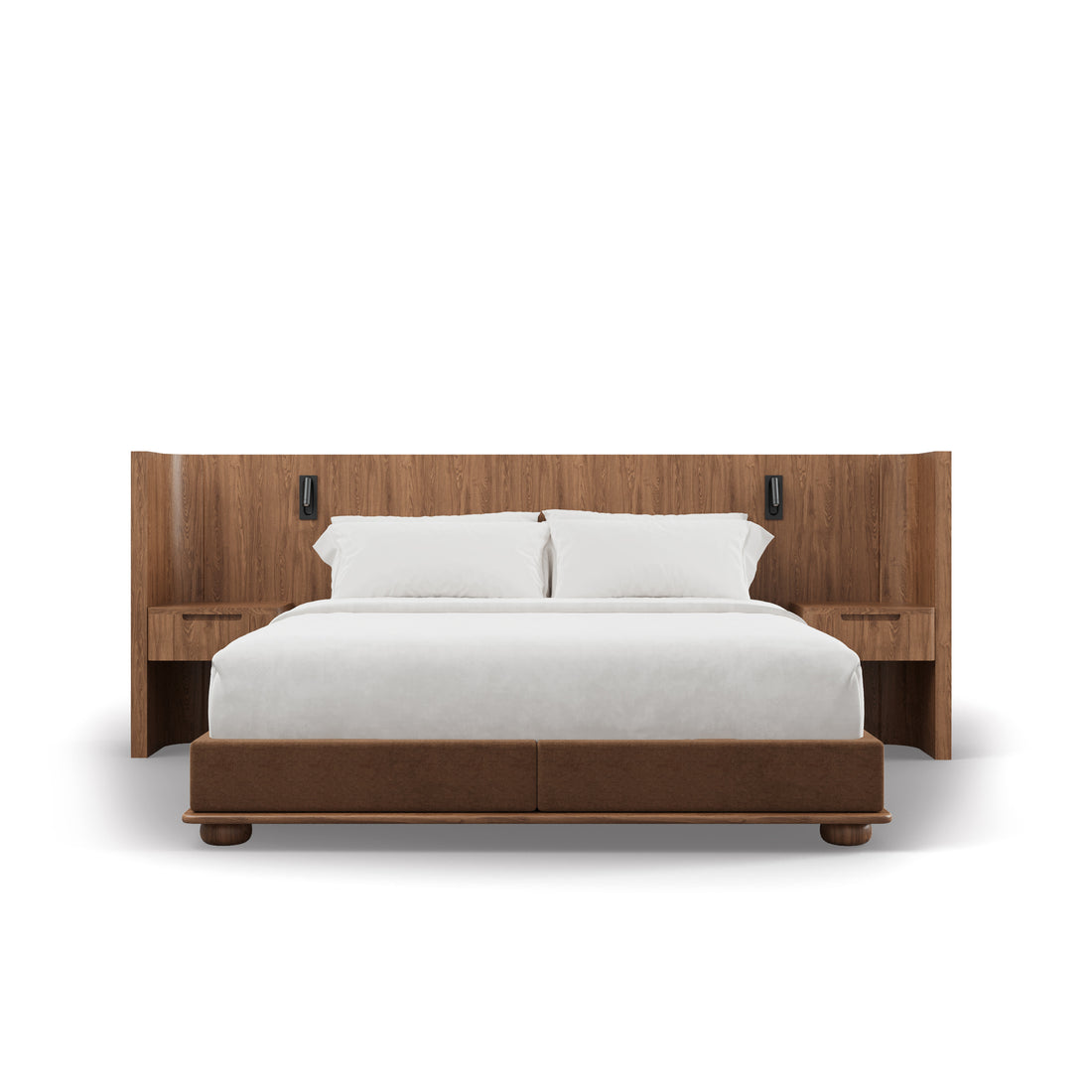 Le Lit Essence avec tables de nuit | SADDLE de Humble Nature Design présente une tête de lit en bois massif de chêne rouge, des tables d&