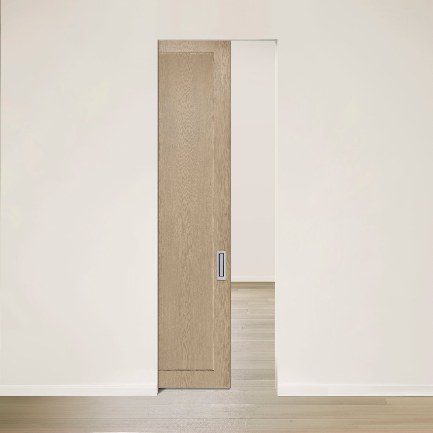 Une Porte Pure escamotable en chêne rouge placage brossé faux quartier Authentik partiellement ouverte de Humble Nature orne une pièce minimaliste et moderne avec un parquet en bois clair et des murs couleur crème.