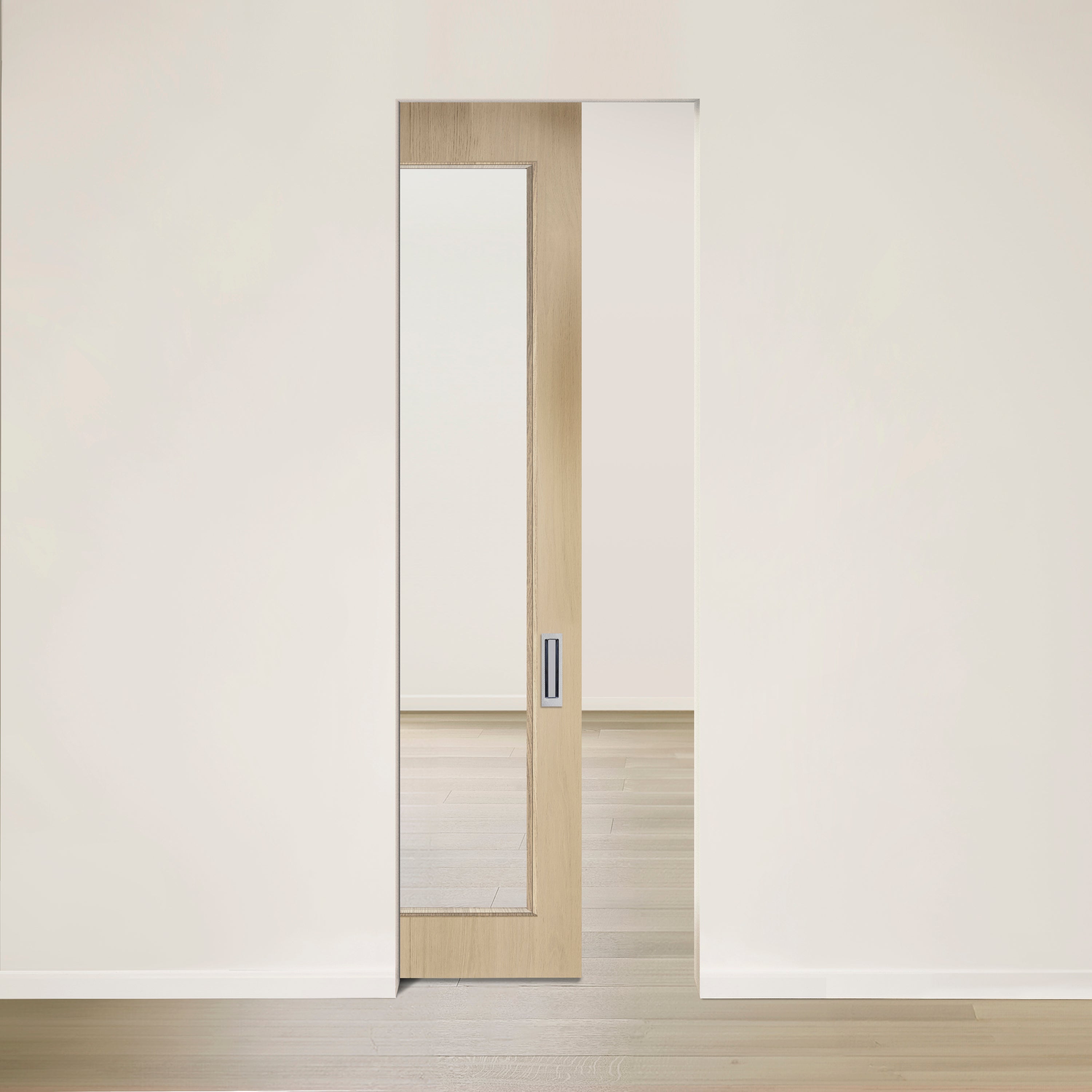 Lintérieur minimaliste est doté de la « Porte See escamotable en chêne blanc placage brossé sur dosse » de Humble Nature, une porte coulissante en bois clair avec un panneau de verre favorisant la lumière naturelle. Elle est partiellement ouverte pour révéler une pièce avec un parquet en bois clair assorti.